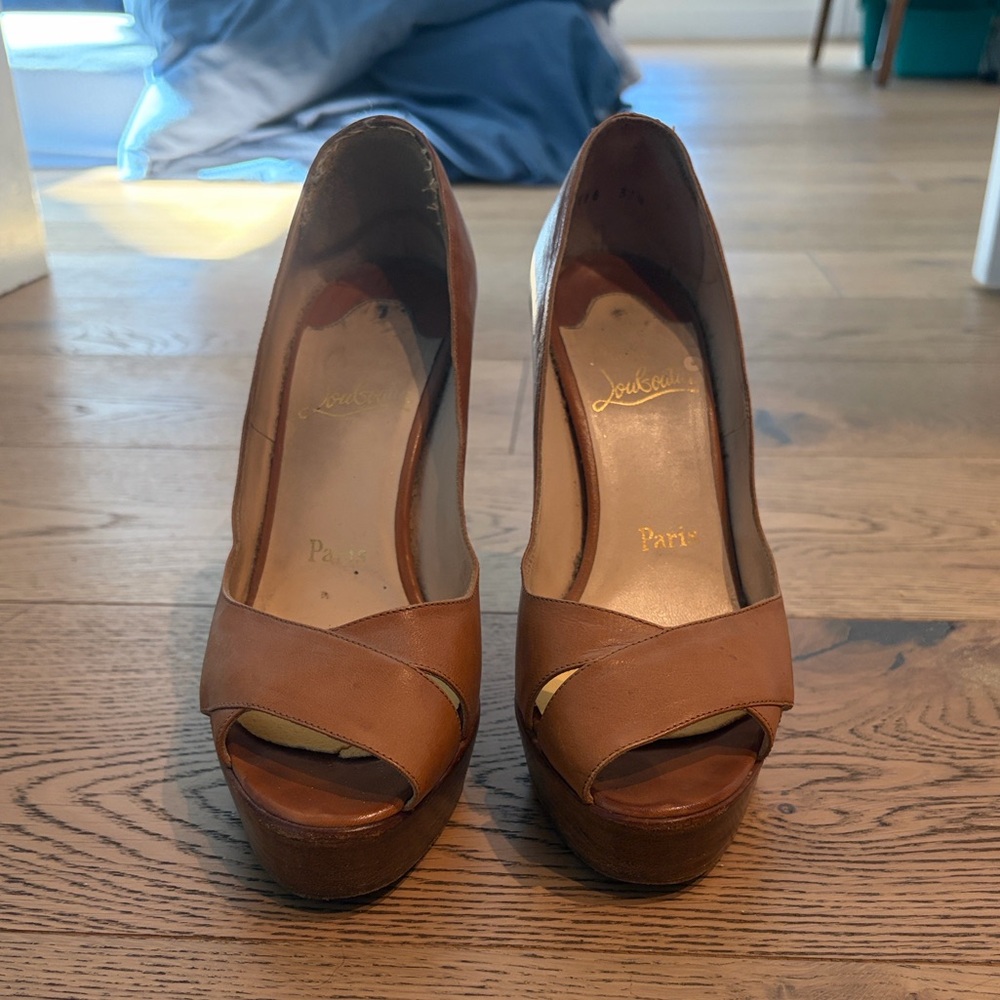 Christian Louboutin Tan Peep Toe Platform Heels